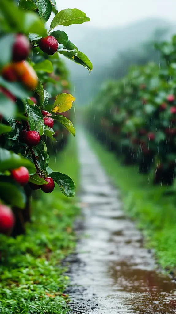 A path winds through a lush green orchard on a rainy day. The trees are laden with red fruit and their leaves glisten with raindrops. The path is wet and muddy, with puddles forming in the low-lying areas. The image evokes a sense of tranquility and peace.  The blurred background adds to the serene mood.