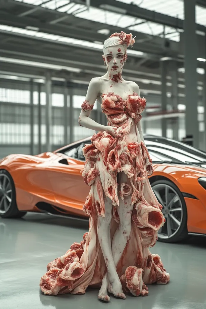 A woman with pale skin and a flower in her hair stands in a warehouse, wearing a dress made entirely of raw meat. The dress is flowing and dramatic, and she is posed with a dramatic look on her face.  Behind her is a bright orange sports car. The image is striking and surreal, with a sense of both beauty and unease.
