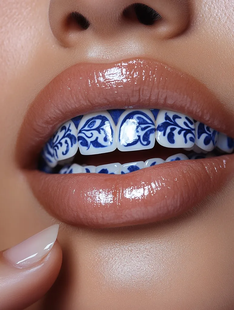 A close-up of a person's mouth with a set of blue and white decorative braces. The lips are painted with a light pink gloss, and a finger is delicately placed near the corner of the mouth. The image focuses on the intricate design of the braces, which feature a floral pattern, highlighting the creative and playful aspects of dental accessories.