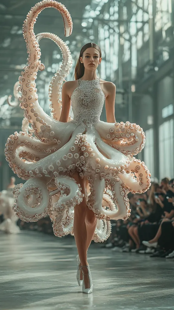 A model walks the runway in a stunning, avant-garde dress made entirely of an octopus's tentacles. The dress is a beautiful shade of white and flows gracefully around her as she walks. The model's long brown hair and striking features complete the look, making her appear ethereal and otherworldly.