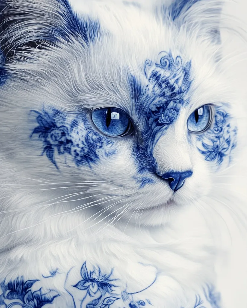A white cat with piercing blue eyes is adorned with intricate blue and white floral designs, resembling a delicate porcelain painting. The cat's fur is soft and fluffy, with a hint of blue in its eyes. The intricate patterns around its eyes and nose create a stunning visual contrast against its pristine white coat. The cat's gaze is sharp and intelligent, adding an air of mystery and allure.