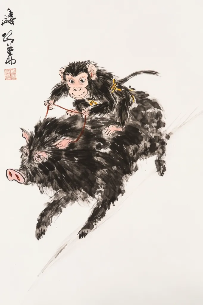 The image depicts a black and white ink painting of a monkey riding a wild boar. The monkey, dressed in a yellow sash, holds onto the reins with one hand while looking towards the viewer with a curious expression. The boar, with its snout raised, appears to be in motion. The Chinese characters on the top of the image are likely the artist's signature or a poem. The image is done in a traditional Chinese ink painting style, with minimal detail and a focus on capturing the essence of the subjects.  The painting evokes a sense of playful energy and dynamism.
