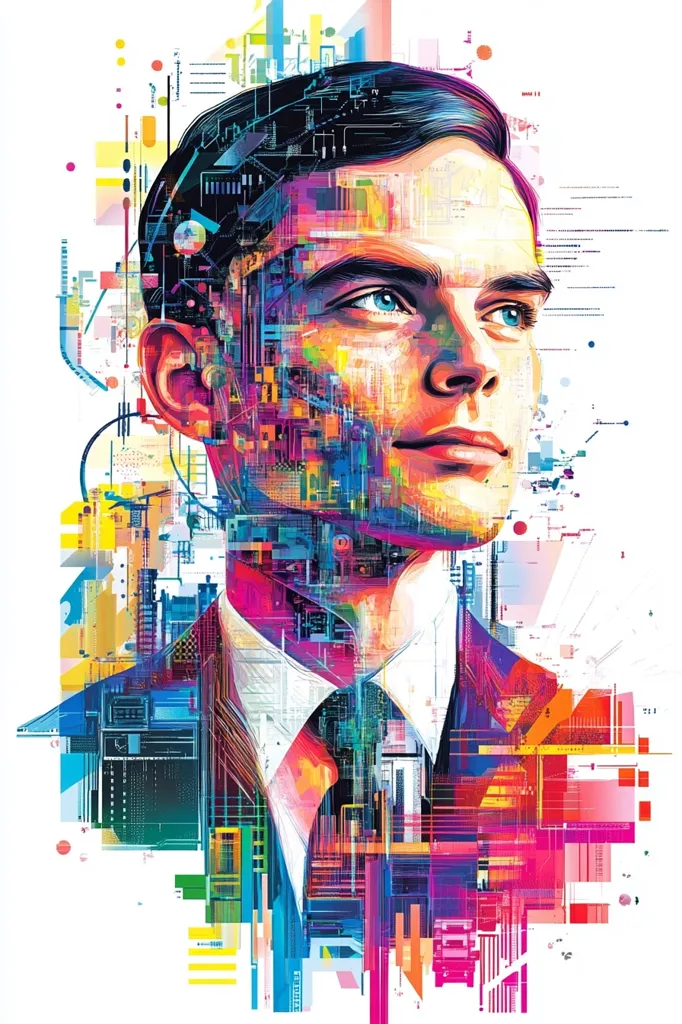 The image is a vibrant, abstract portrait of a man with a thoughtful expression. His face is rendered in a bold, colorful style, with overlapping geometric shapes and lines that create a sense of depth and complexity. The background is a dynamic mix of bright colors and patterns, suggesting a futuristic, digital environment. The overall effect is one of energy, creativity, and the intersection of humanity and technology.