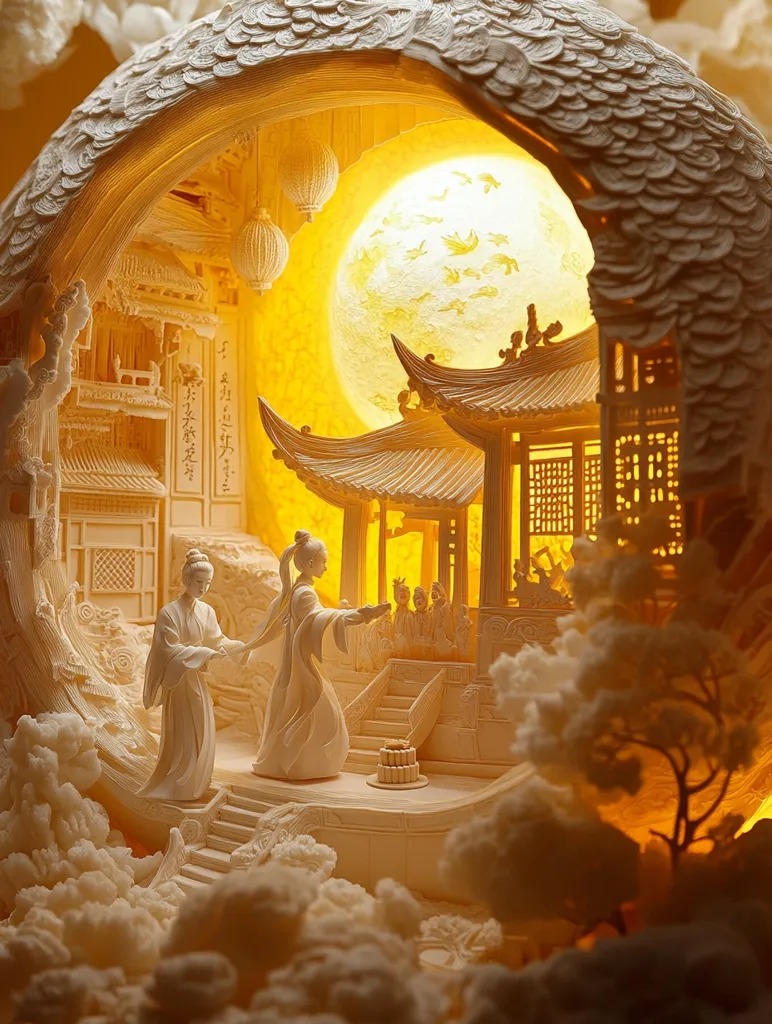 A miniature, intricate scene carved from white material depicts a Chinese village under a luminous full moon. The village features traditional architecture, including a pagoda, houses, and a courtyard with figures. The scene is framed by an archway resembling a giant shell, adding to the fairytale-like atmosphere. The overall effect is one of delicate artistry and wonder.