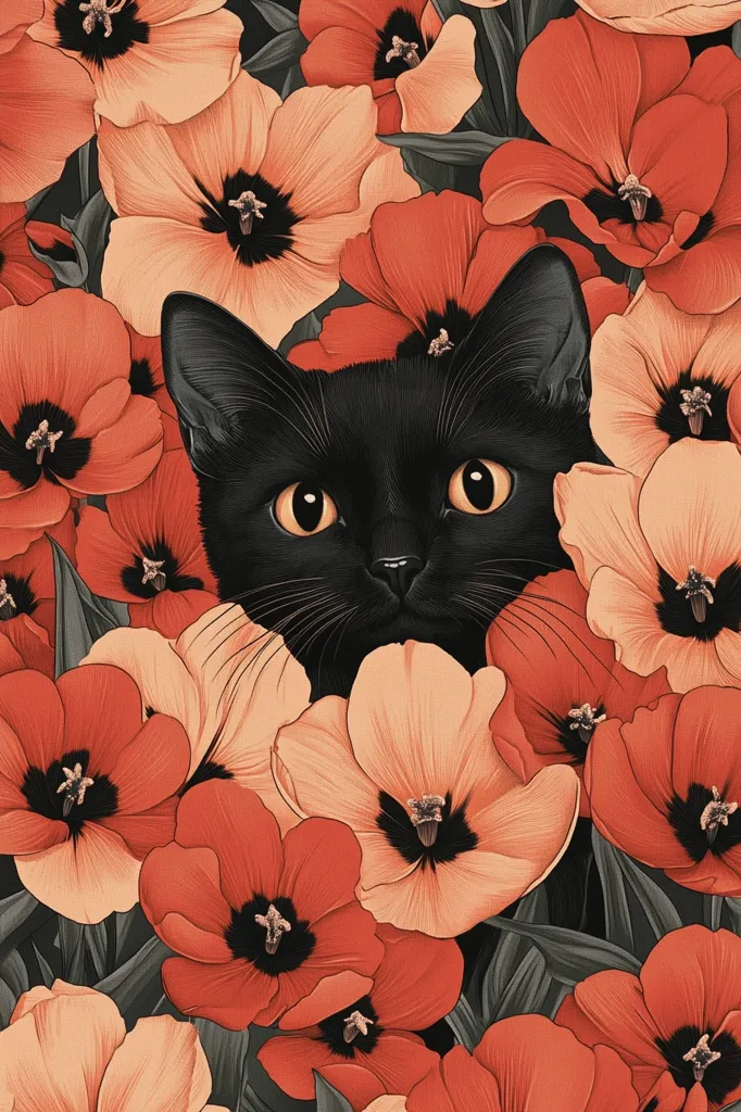 A black cat with large, golden eyes peeks out from a bed of vibrant orange and red flowers. The cat's fur is sleek and glossy, contrasting beautifully with the colorful petals. The image is a close-up, focusing on the cat's face and the surrounding blooms, creating a sense of intimacy and mystery.  The delicate petals and the cat's watchful gaze suggest a moment of quiet observation in a world full of life and color.