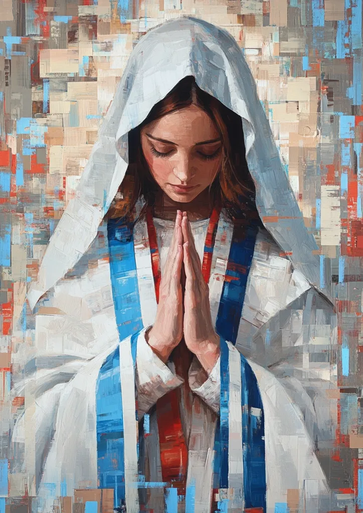 The painting depicts a woman dressed in a white robe with blue and red accents, her head covered with a white veil. She is shown in prayer with her hands clasped together, her eyes closed and her face turned downwards. The background is an abstract pattern of geometric shapes in shades of blue, beige, and red. The painting has a strong sense of spirituality and reverence, conveying a sense of peace and devotion.