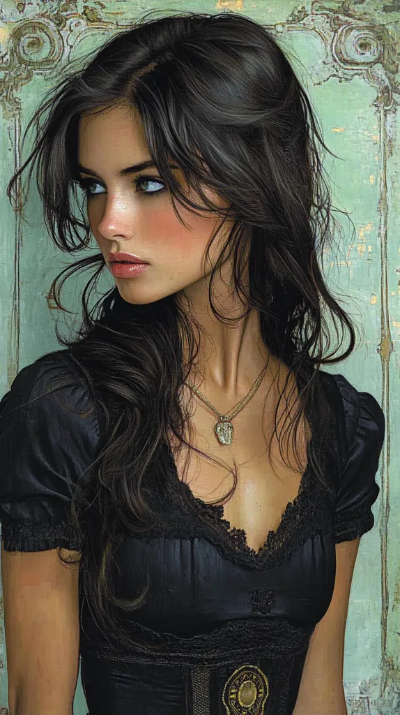 A young woman with long, dark hair is wearing a black, lace-trimmed top. She has a delicate necklace with a small pendant. She is looking off to the side, and her expression is soft and pensive. The background is a faded, green wall with ornate, gold trim. The image has a vintage aesthetic, with soft lighting and muted colors.