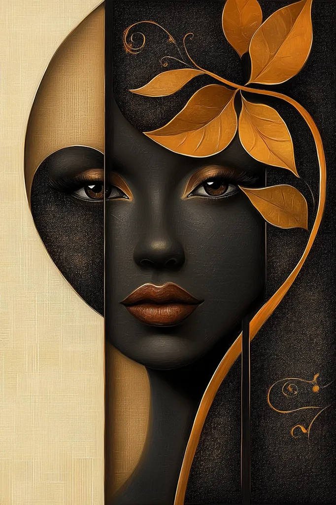 The image is a portrait of a woman with dark skin and brown eyes. She is framed by a leaf, which is gold. The background is dark and textured, with a gold-toned accent. The portrait is stylized and has a dramatic feel. The woman is framed on the left side by a white, textured area, and the right side of the image is black.  The art style is abstract and bold, with a focus on color and texture. The image conveys a sense of mystery and intrigue.  It feels elegant and timeless.