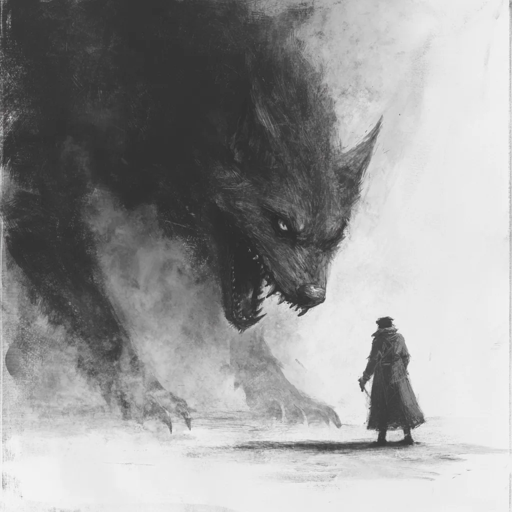 A large, snarling wolf with glowing eyes stands over a small, hooded figure. The wolf's teeth are bared in a menacing growl, while the figure stands with their back straight, seemingly defiant in the face of danger. The scene is rendered in shades of gray, creating a sense of mystery and tension. The background is blurry and indistinct, suggesting a foggy or ominous atmosphere. The overall impression is one of a confrontation between a powerful, threatening creature and a lone individual, possibly about to face an impossible challenge.