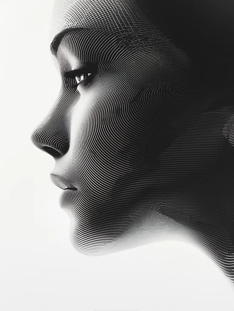 The image is a black and white portrait of a woman's face in profile. The face is composed of a series of intricate lines and curves that create a geometric pattern. The woman's eye is visible, and her lips are slightly parted. The image has a stylized and abstract quality. The background is white, providing a stark contrast to the dark, detailed face.  The image evokes a sense of mystery and intrigue.