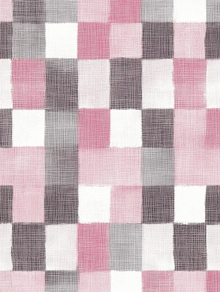 The image is a seamless pattern of a checkered design in pink, grey, and white. Each square is filled with a textured pattern that looks like woven fabric. The squares are arranged in a repeating pattern that creates a simple, yet elegant design. The background is a light grey, making the colors pop. The overall effect is one of softness and delicacy.