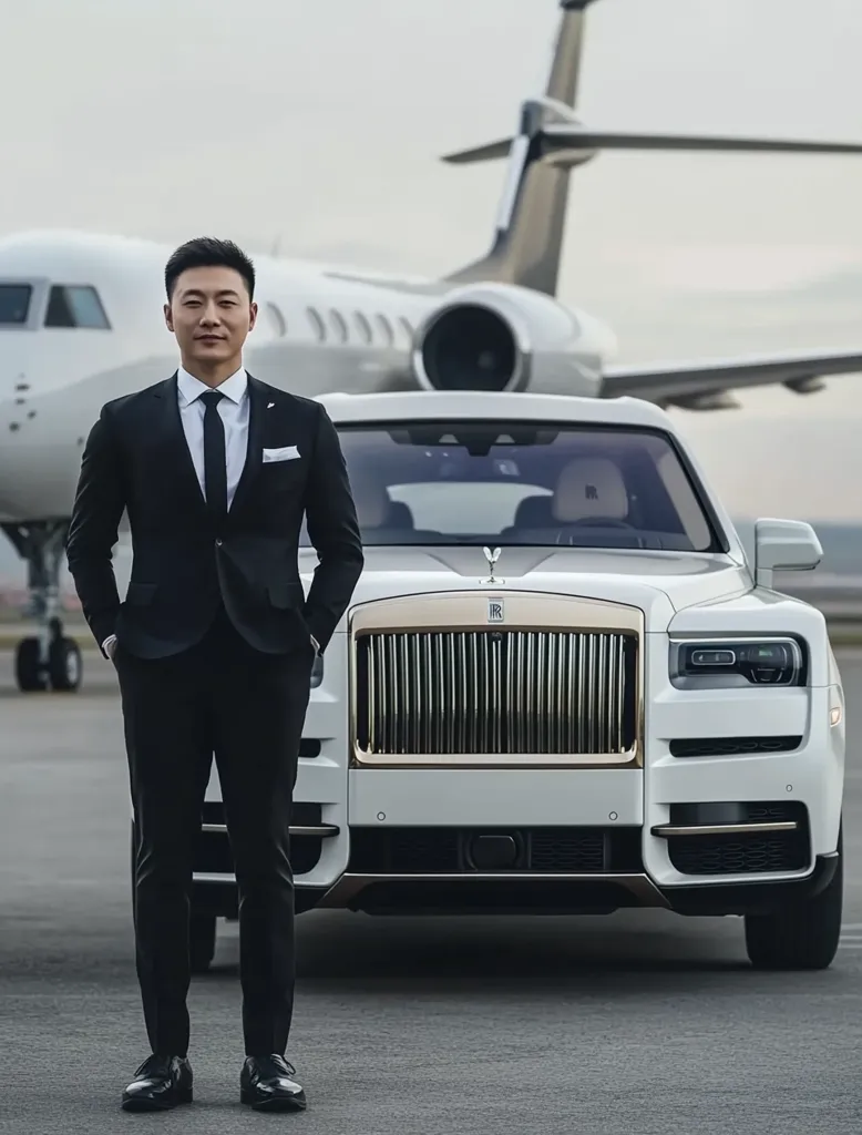 A man in a black suit stands in front of a white Rolls Royce Phantom. The luxury car is parked in front of a private jet on a tarmac. The man's confident posture suggests a wealthy lifestyle. The image portrays a scene of affluence and high-end travel.