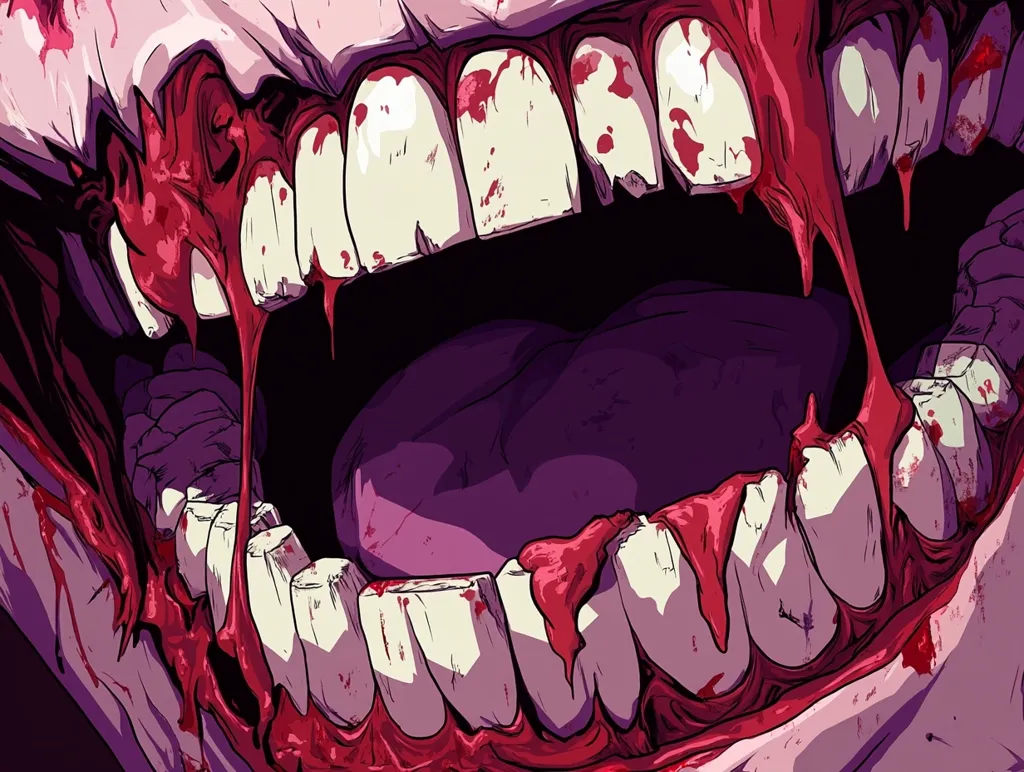 A gruesome close-up of a gaping maw, dripping with blood. Sharp, uneven teeth are visible, stained crimson. The gums are raw and exposed, revealing a purple interior. The image is graphic and unsettling, evoking a sense of horror.