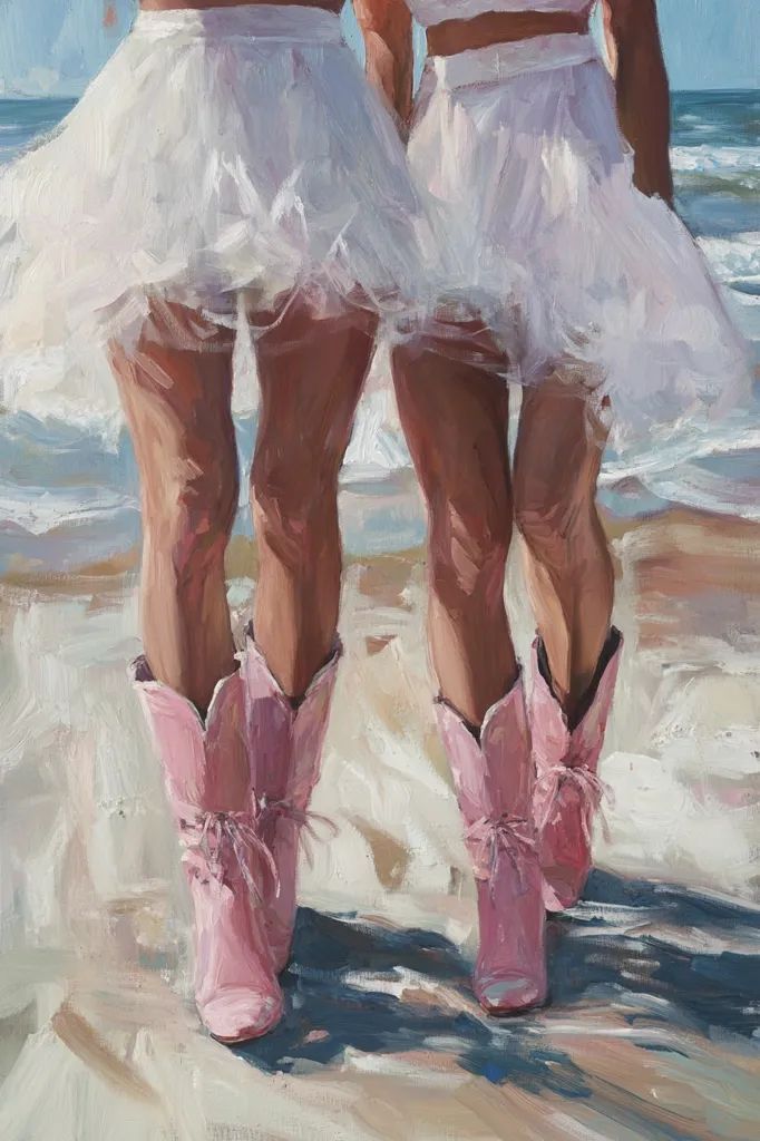 Two women wearing white, flowing skirts and pink cowboy boots walk along a sandy beach. The painting is done in a loose, impressionistic style, capturing the movement of the women and the light breeze.  The colors are soft and muted, giving the image a gentle and dreamy feel.