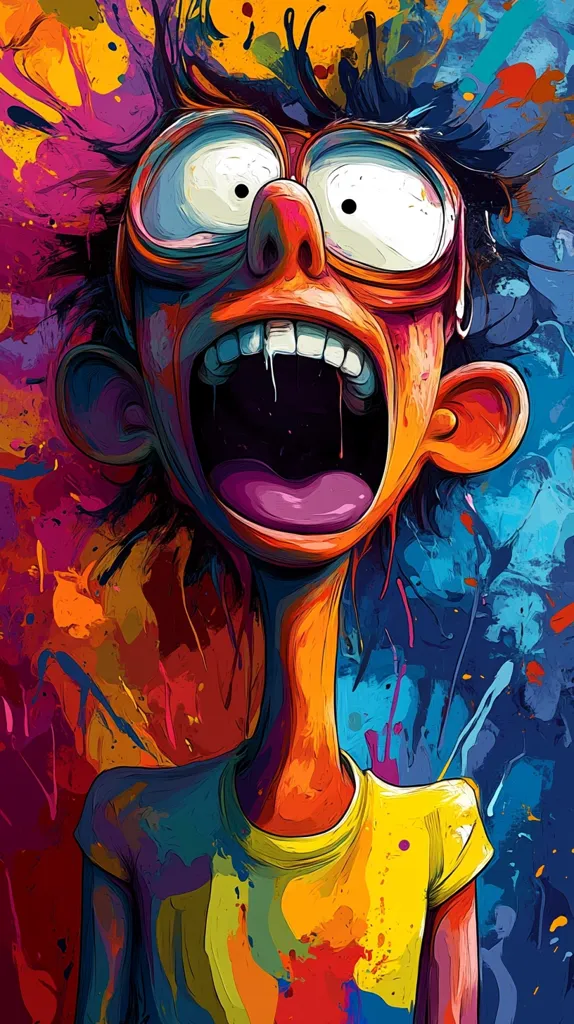 The image depicts a cartoon-style character with exaggerated features, including large, round eyes, a wide, open mouth, and a large,  expressive nose. The character is wearing glasses and a yellow t-shirt, and their hair is splayed out in a chaotic manner. The background is a vibrant, abstract pattern of splattered paint in shades of orange, yellow, red, blue, and purple, creating a chaotic and energetic mood. The overall impression is one of intense emotion, possibly fear or surprise.  The bold colors and exaggerated features contribute to a playful and imaginative aesthetic.