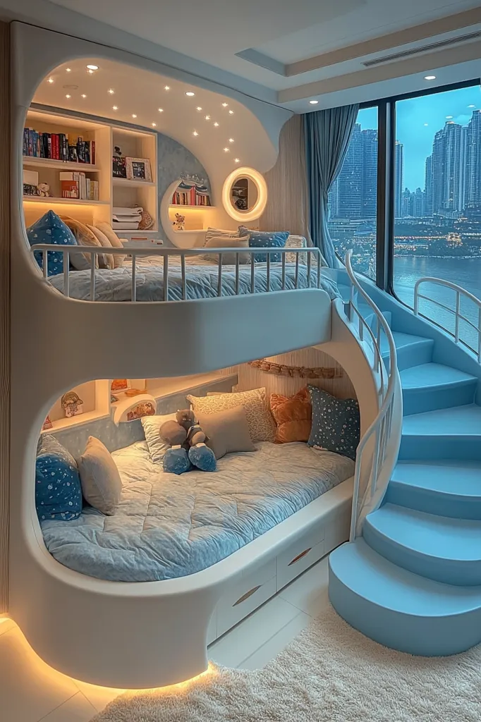 A modern, white and blue bunk bed with a curved design. It has a built-in bookshelf and a spiral staircase. The bed is illuminated by soft white lights. It features a plush blue mattress and decorative pillows.  A large window offers a view of a city skyline.  The room is clean and spacious.