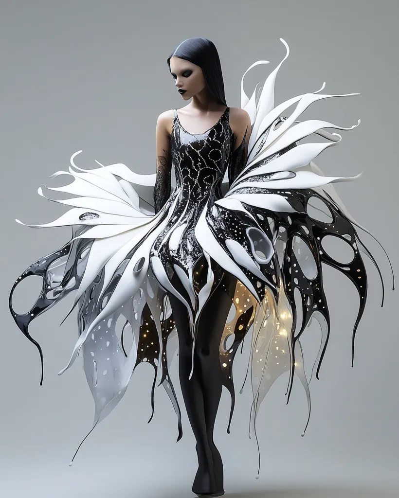 A woman in a black and white dress with a flowing, abstract design stands against a gray background. The dress appears to be made of a liquid or flowing material, creating a dramatic and ethereal effect. The woman's dark hair and makeup enhance the mysterious and captivating nature of the image.  The dress has a futuristic and almost otherworldly quality.