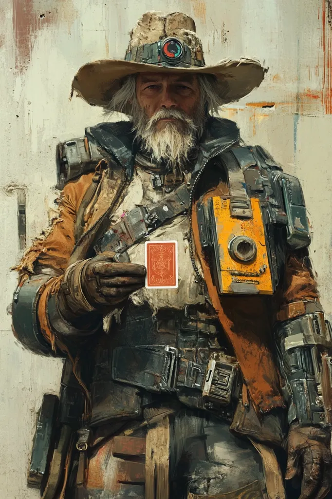 A weathered, elderly man with a long white beard and a wide-brimmed hat stands against a worn concrete wall. He is wearing a worn, layered, orange and brown coat, and is holding a playing card in his gloved hand. He has a serious expression on his face and is looking at the card. The man is heavily armed with belts and pouches on his body, giving him a menacing appearance. The scene is likely set in a post-apocalyptic world.