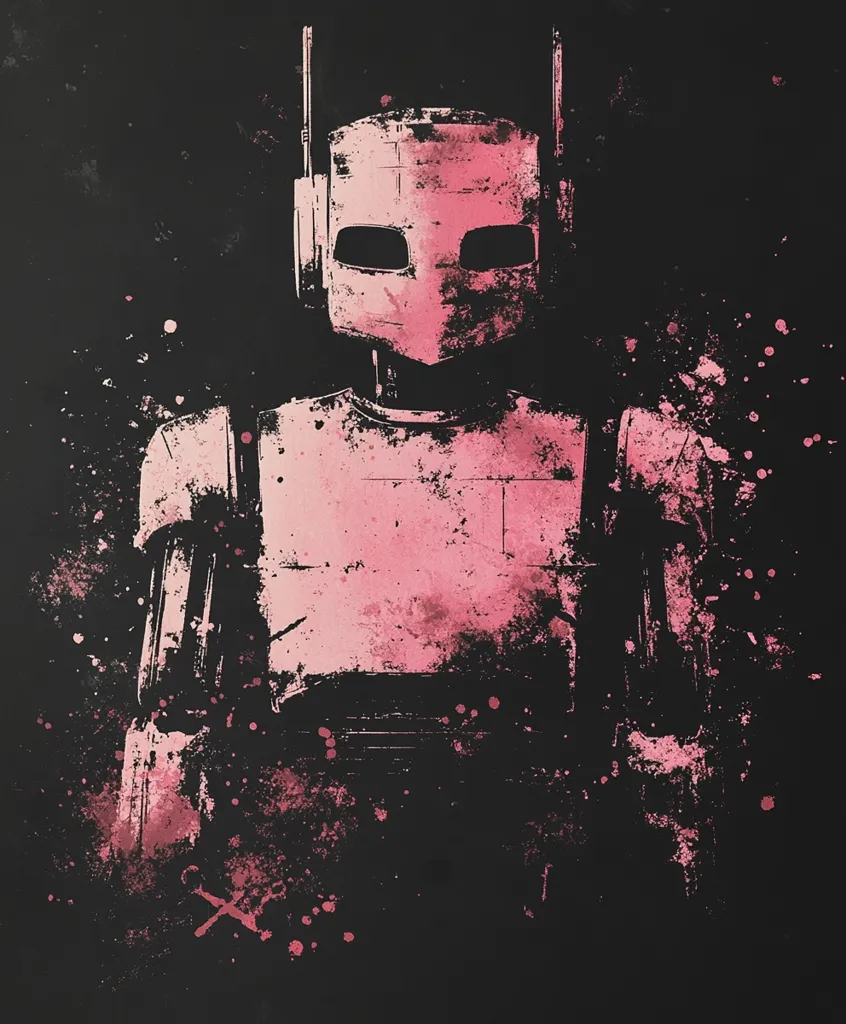 The image is a digital illustration of a robot with a pink, distressed paint aesthetic. It is set against a black background with pink splatters of paint around the robot. The robot has a square head with a visor, antennas, and a humanoid body. The image is stylized and abstract.