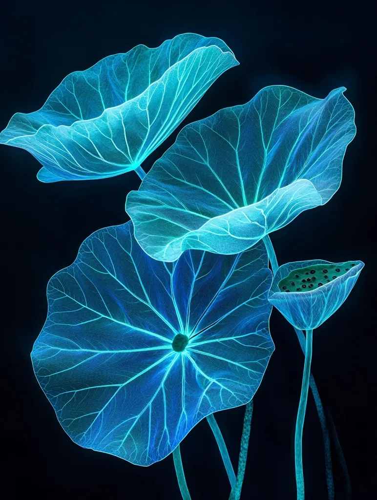 Three large, translucent leaves, illuminated in a vibrant blue, stand out against a deep black background.  Delicate veins branch out from the center of each leaf, creating a delicate and ethereal effect.  A small seed pod, also glowing blue, sits atop one of the leaves, adding a touch of whimsy to the composition.  The image captures the beauty of nature's intricate design in a mesmerizing and abstract way.
