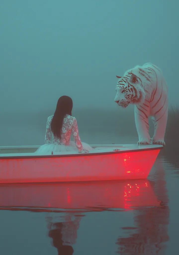A woman in a white dress sits in a red boat, facing away from a white tiger standing on the edge of the water. The scene is shrouded in fog and the lighting is ethereal and surreal. The water reflects the red glow of the boat, creating a dreamy and mysterious atmosphere. The image evokes a sense of wonder and the unexpected, perhaps hinting at a story waiting to unfold.