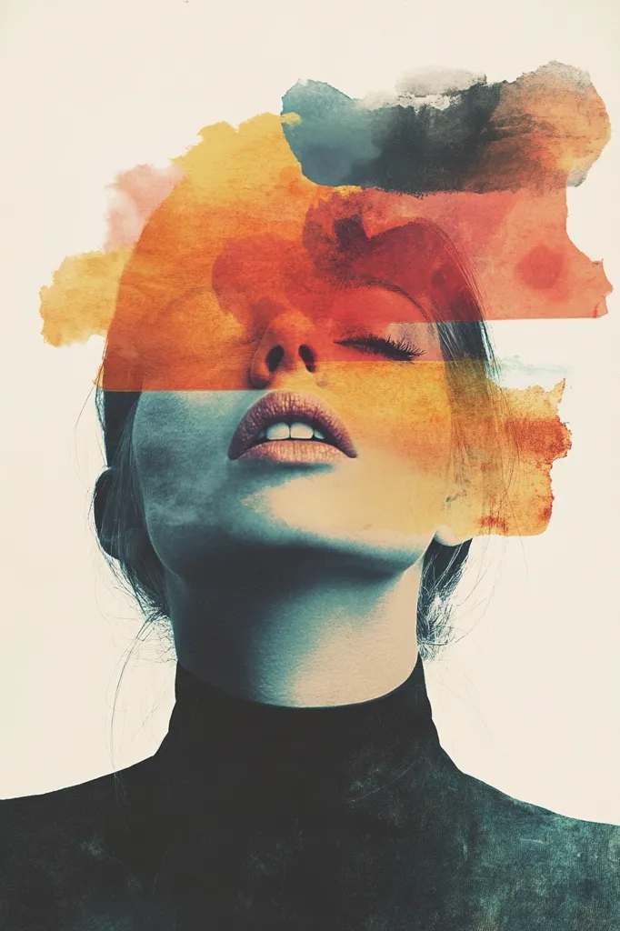 The image is a portrait of a woman's face, partially obscured by abstract watercolor shapes in shades of orange, red, and blue. The woman's eyes are closed, and her lips are slightly parted, suggesting a state of tranquility or contemplation. The contrasting colors and textures create a visually striking and somewhat melancholic atmosphere. The image evokes a sense of mystery and inner beauty.
