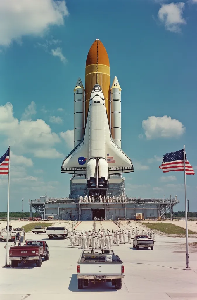 A Space Shuttle stands on a launch pad with a group of people standing in front of it.  The shuttle is white and orange and has a large American flag on the side. There are two American flags in the background. There are a few trucks in the foreground and a large metal structure behind the shuttle. The sky is blue with white clouds.