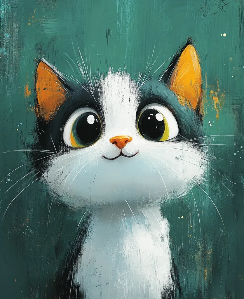 A cartoon cat with large, round eyes and a wide smile is the focal point of the image.  The cat is mostly white with black patches and orange ears.  The background is a dark teal with subtle brushstrokes.  The image has a whimsical and playful feel.