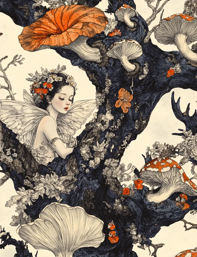 The image depicts a whimsical scene with a fairy perched on a tree trunk. The trunk is covered in intricate details of mushrooms, moss, and flowers. The fairy has delicate wings and is adorned with a floral crown, giving off a sense of enchantment and beauty. The artwork is rendered in a detailed and intricate style, using shades of gray, orange, and white. The overall atmosphere is one of wonder and magic, creating a captivating visual story.