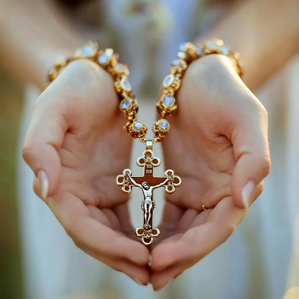 A pair of hands, wearing a white dress, are cupped together, cradling a golden cross with a figure of Jesus on it. The cross is attached to a chain decorated with small, clear stones. The image conveys a sense of devotion and faith.