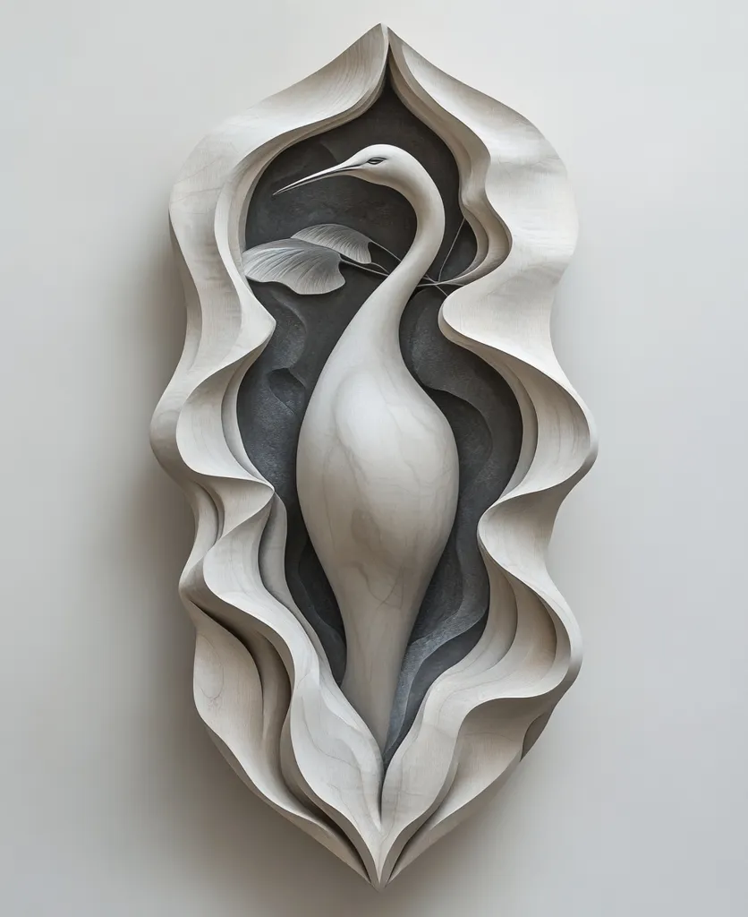 A carved wooden sculpture of a bird, possibly a heron, is depicted within a series of layered, flowing forms. The bird's white body contrasts with the dark gray background and the organic shapes of the surrounding wood. The work evokes a sense of natural beauty and the passage of time.