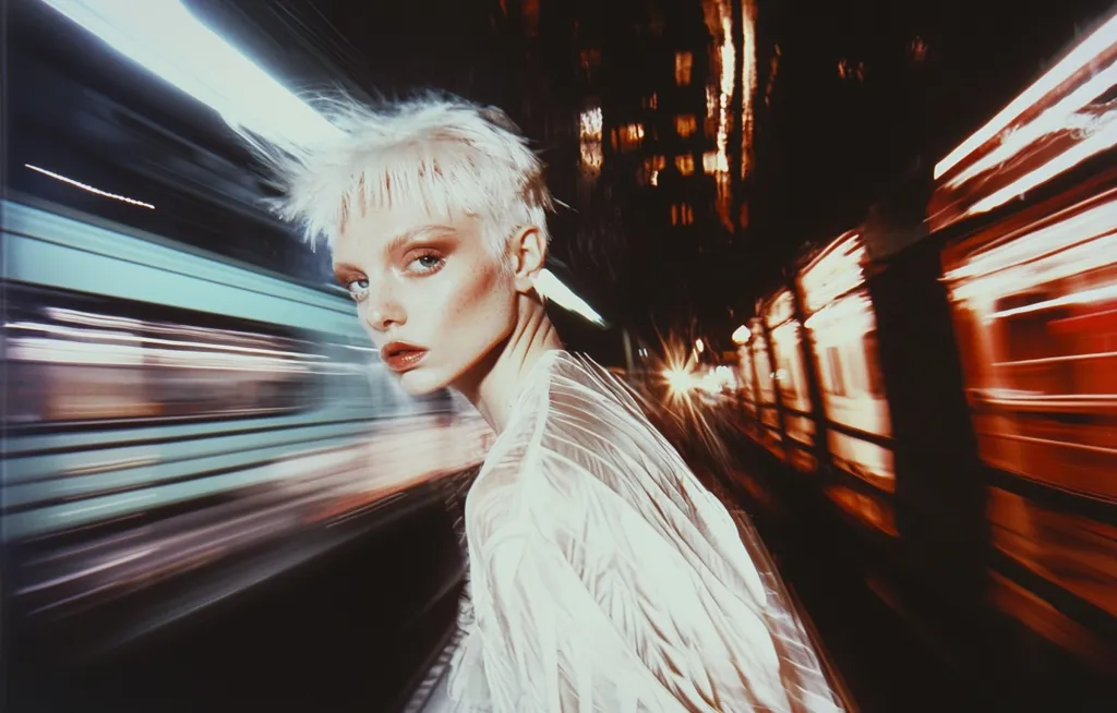 A young woman with short blonde hair stands in a brightly lit urban setting. She is wearing a white sheer top and has a serious expression on her face. The background is blurred, giving the impression of movement and speed. The image is composed in a dramatic and evocative way, conveying a sense of energy and dynamism.  The overall effect is one of mystery and allure.