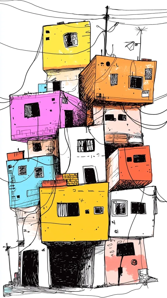 The image is a cartoon drawing of a stacked group of colorful buildings. The buildings are haphazardly stacked on top of each other, with some overhangs and protrusions. The drawing uses bold black lines and bright colors, suggesting an informal style. The buildings are likely located in a densely populated urban area.