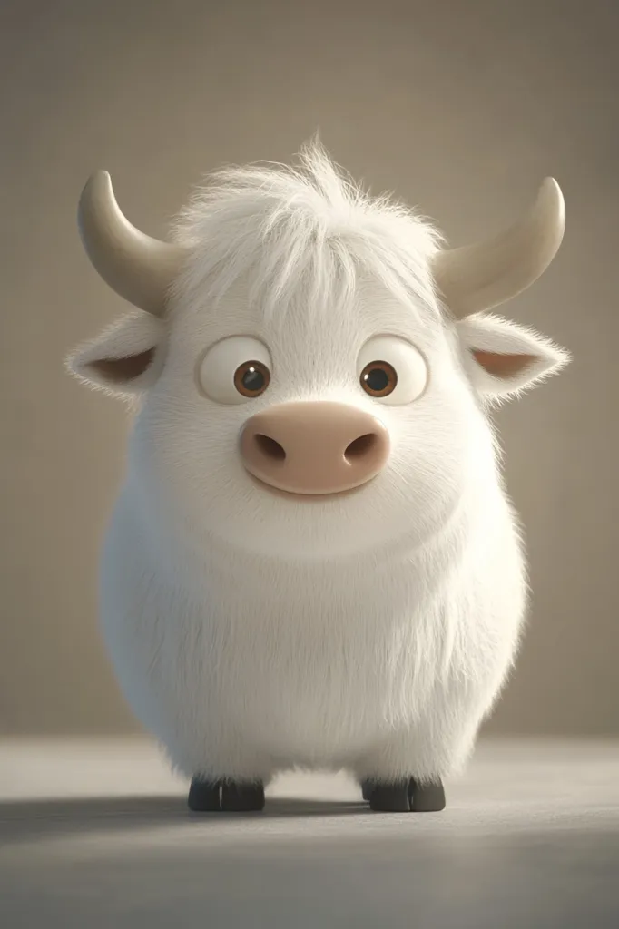 A white, fluffy cartoon yak with big brown eyes and a wide, happy smile stands in front of a beige background. The yak has short, stubby horns and its fur is very soft and detailed. It has a playful and innocent expression on its face. The light behind it highlights its fluffy texture.
