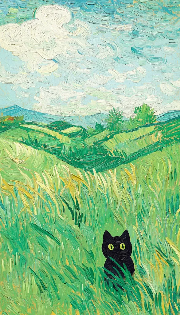 The painting depicts a black cat sitting in a field of tall grass, its bright green eyes staring out at the viewer. In the background, rolling hills stretch into the distance, capped by a blue sky with fluffy white clouds. The overall effect is one of tranquility and solitude, with the cat seemingly lost in its own world. The bold brushstrokes and vibrant colors create a sense of movement and energy, characteristic of the artist's style.