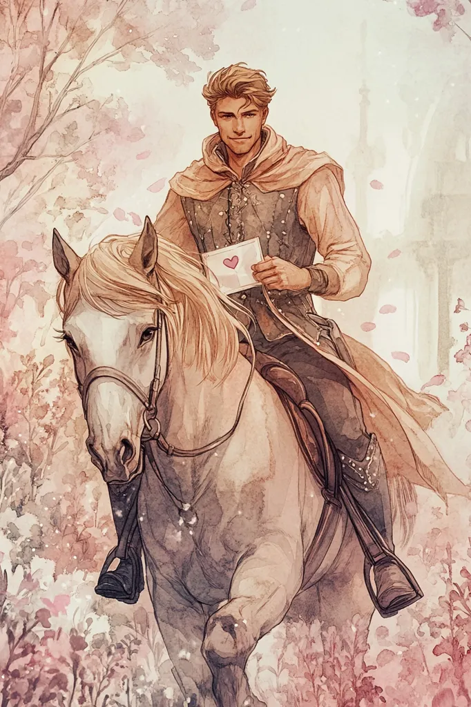 A young man with short, brown hair rides a white horse through a field of pink flowers. He is holding a letter with a heart on it and smiling. He is wearing a brown tunic and a brown cloak, and his boots are laced up. The horse is running and the man is leaning forward in the saddle. The background is a soft blur of pink and white flowers and a distant building. The image is drawn in a soft, romantic style.