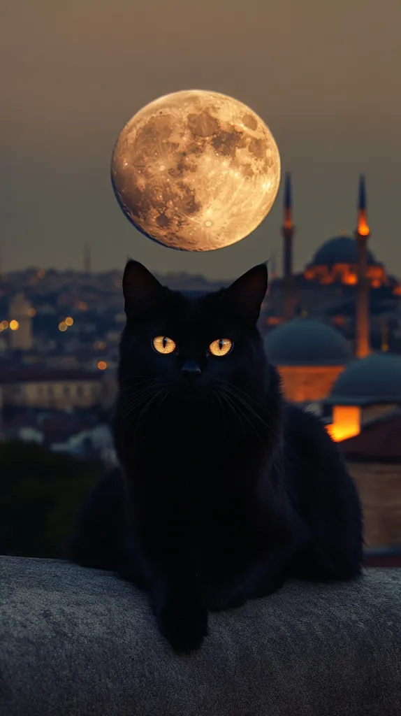 A black cat with piercing yellow eyes sits on a ledge with a large, illuminated moon in the background.  The cat’s silhouette is highlighted against a darkened cityscape with buildings and minarets that appear to be from a Middle Eastern city.  The image has a mysterious and ethereal quality.