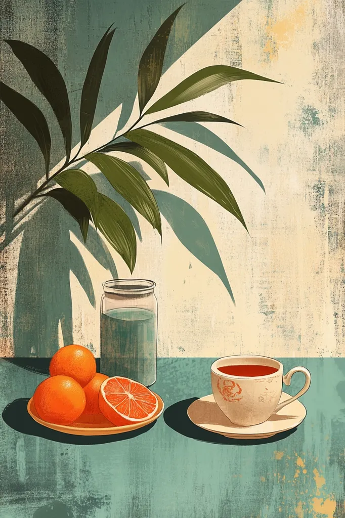 The image depicts a still life arrangement with a cup of tea and oranges on a table. There's a glass jar behind the oranges, partially filled with a teal liquid. A branch of green leaves casts shadows over the scene. The background is a textured wall, partly cream and partly teal. The overall aesthetic is minimalist and muted.