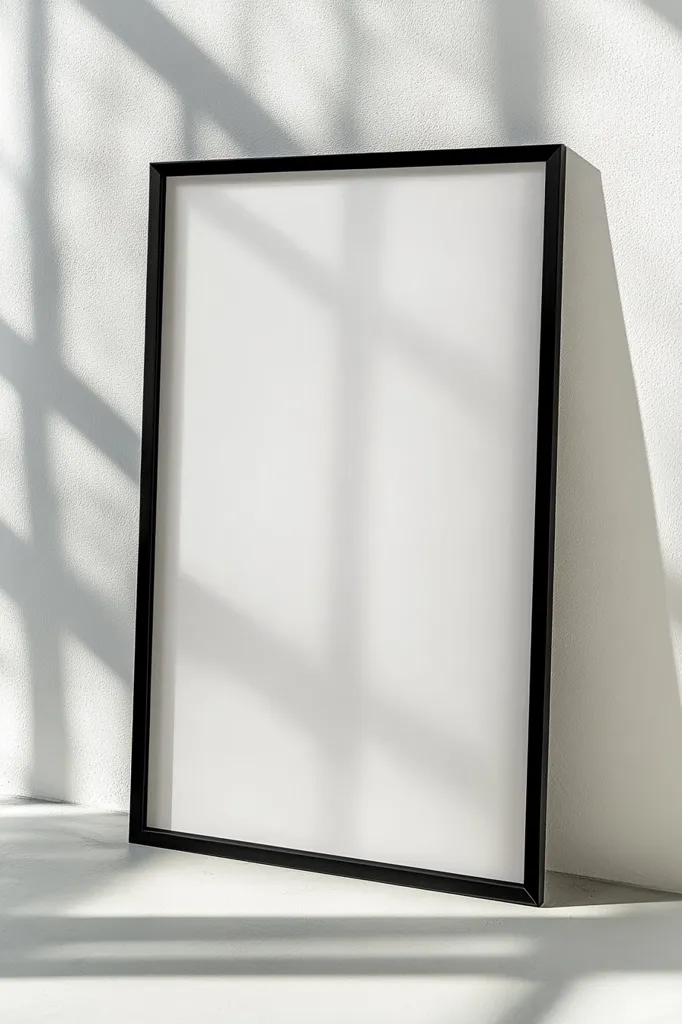 A black picture frame rests against a white wall. Sunlight shines through a window, casting shadows onto the wall and floor. The frame is empty, suggesting the possibility of adding a picture or artwork. The image emphasizes minimalism and simplicity.