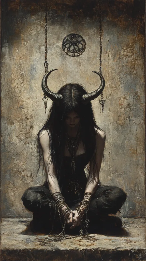 A woman with long black hair and horns sits in a meditative pose. She is dressed in black and adorned with chains and jewelry. The background is a rough textured wall with a hanging ornate circle. The image is dark and atmospheric, with a sense of mystery and the occult.