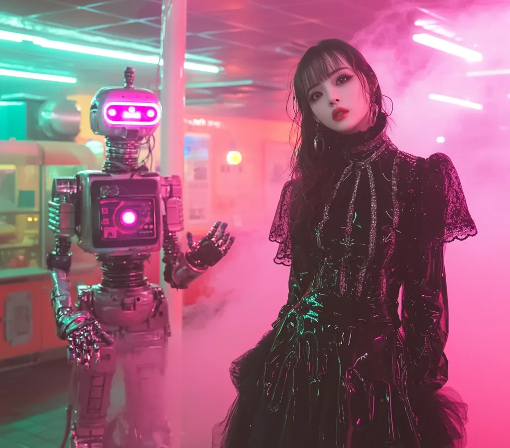 A woman in a black dress with a high collar stands in a dimly lit room. She has long dark hair with bangs and red lipstick. A vintage-style robot stands to the left of her with glowing pink eyes.  The room is filled with pink and blue neon light, and smoke or fog obscures the background.  The overall tone is futuristic and mysterious.