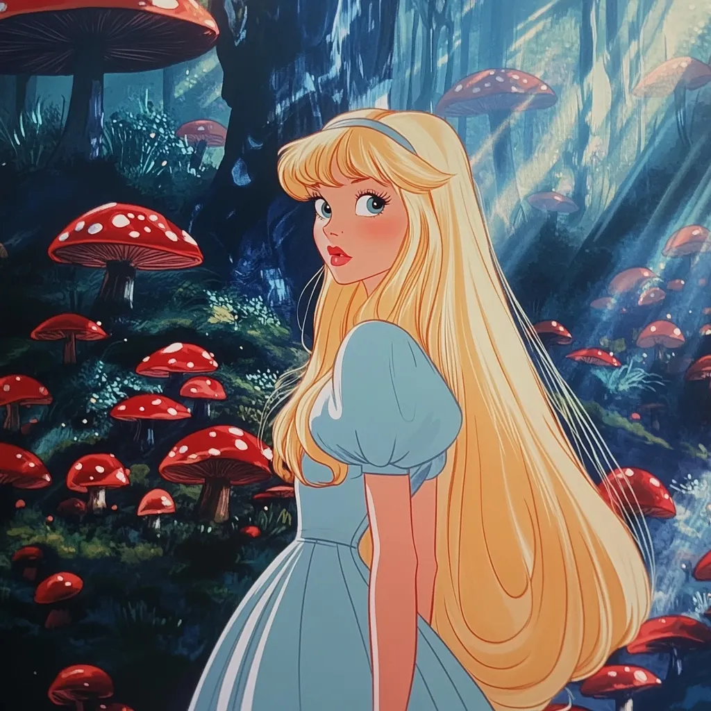 A young woman with long blonde hair, wearing a blue dress and a blue headband, stands in a forest with a backdrop of large red mushrooms. The sun shines through the trees and illuminates her face, emphasizing her large eyes and bright pink lips. The image evokes a sense of wonder and fairytale magic.