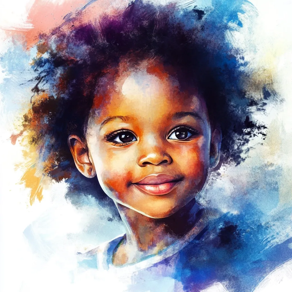 A young girl with dark skin and large brown eyes smiles softly. She has a big afro and wears a white shirt. The portrait is painted in a watercolor style, with soft, flowing colors and blurred edges. The background is a mix of blues and yellows, creating a sense of warmth and joy. The girl's expression is one of innocence and sweetness, capturing the beauty of childhood.