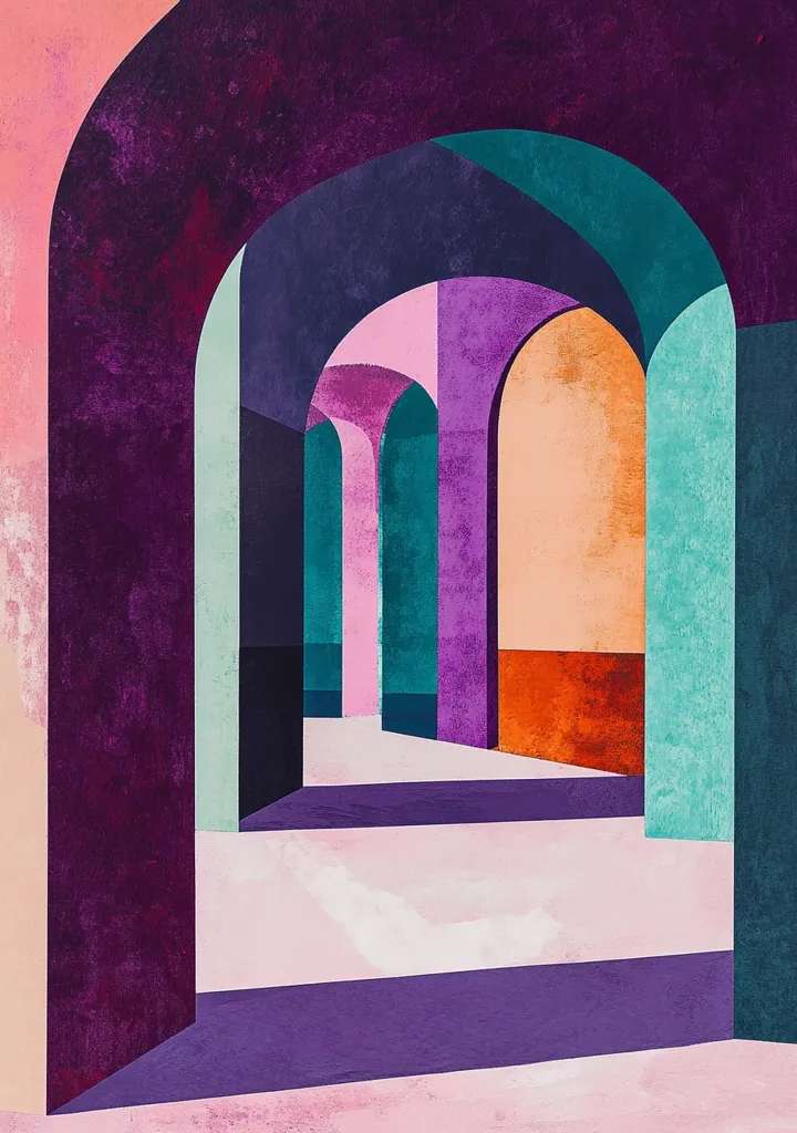 An abstract geometric illustration of a hallway. The walls are made of colorful arches in shades of pink, purple, teal, and orange. The floor is white and the walls cast shadows. The image has a textured and slightly faded feel. It is an abstract and minimalist take on architecture.