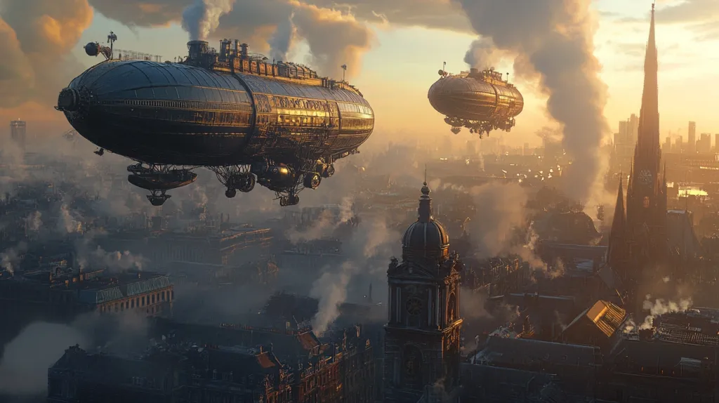 The image depicts a steampunk-inspired city with two large airships flying overhead. One airship is much larger than the other and is closer to the viewer, revealing intricate details of its metal construction. The city is shrouded in smoke and mist, giving it an ethereal and slightly ominous atmosphere. Tall, ornate buildings pierce the clouds, suggesting a thriving metropolis. The scene is bathed in warm sunlight, casting long shadows across the cityscape.