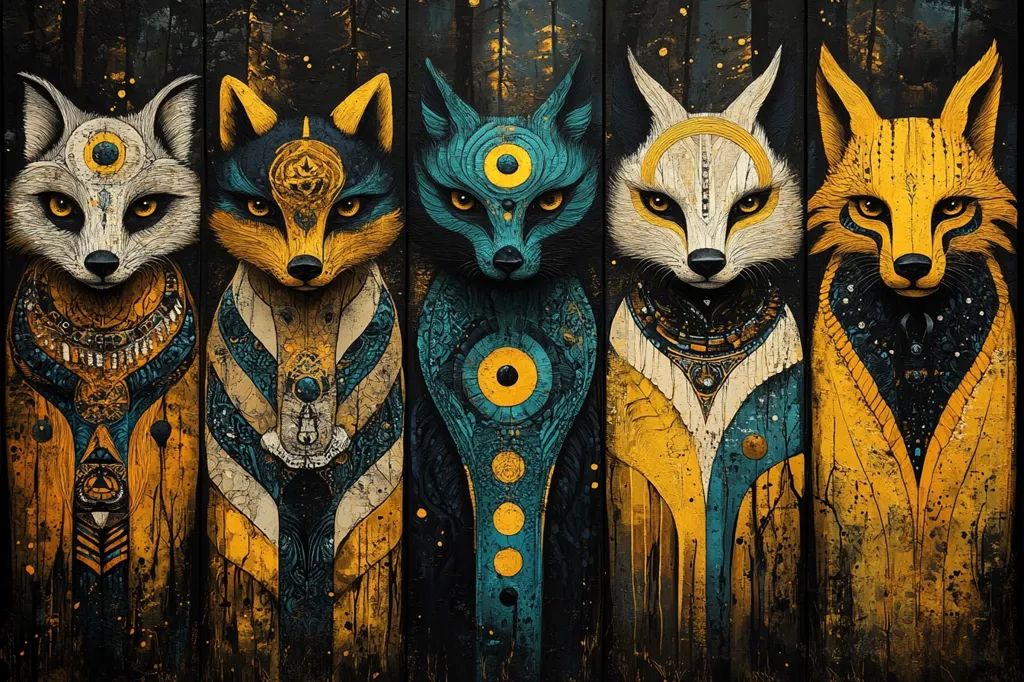 Five foxes are depicted in a row, each with a different color scheme.  The foxes are depicted with bold lines and geometric patterns on a background resembling wood. The art style is reminiscent of tribal designs with elements of nature and the cosmos.  The foxes wear intricate jewelry and have an otherworldly feel.  The use of bold color and patterns creates a dynamic and eye-catching image.