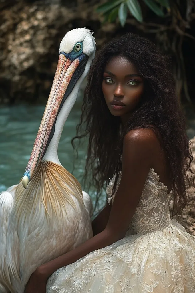 A young Black woman with long, curly hair is wearing a white, lace dress.  She is sitting next to a large white pelican in a tropical setting.  The pelican has a long, orange beak and looks directly at the camera, while the woman looks away and to the side.  The water in the background is a light blue-green.
