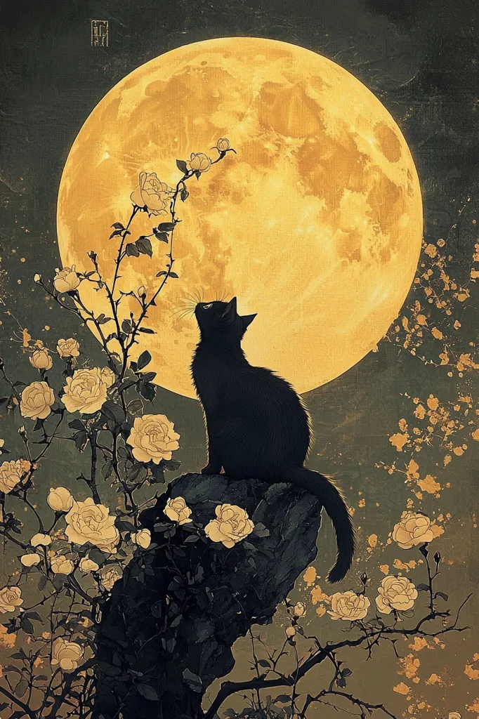 A black cat sits on a rock, gazing upwards at a large, golden full moon. The cat is surrounded by delicate white flowers, their petals unfurling in the soft moonlight. The scene is painted in a muted, ethereal style, evoking a sense of peace and quiet contemplation. The cat's gaze towards the moon suggests a connection to the celestial body, a silent communion with the night sky. The image is a beautiful and evocative depiction of the natural world, suggesting a sense of mystery and tranquility.