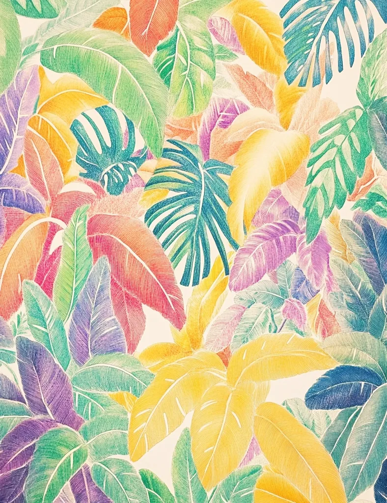 This is a close-up illustration of tropical leaves, with a variety of different shapes and colors. The leaves are drawn in a detailed, realistic style, with shading and texture. The colors are mostly warm and bright, including yellows, oranges, greens, and purples. The leaves are arranged in a random, overlapping pattern, creating a sense of depth and movement. The overall effect is lush and tropical, evoking a sense of warmth and sunshine.