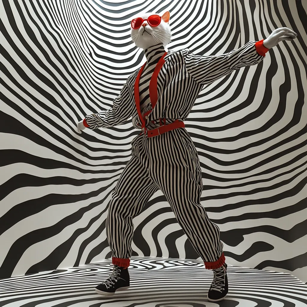 A cat wearing a black and white striped jumpsuit, red sunglasses, and black boots stands in a room with black and white striped walls. The cat is posing with one hand on its hip and the other raised in the air. The background is a swirling pattern of black and white stripes.